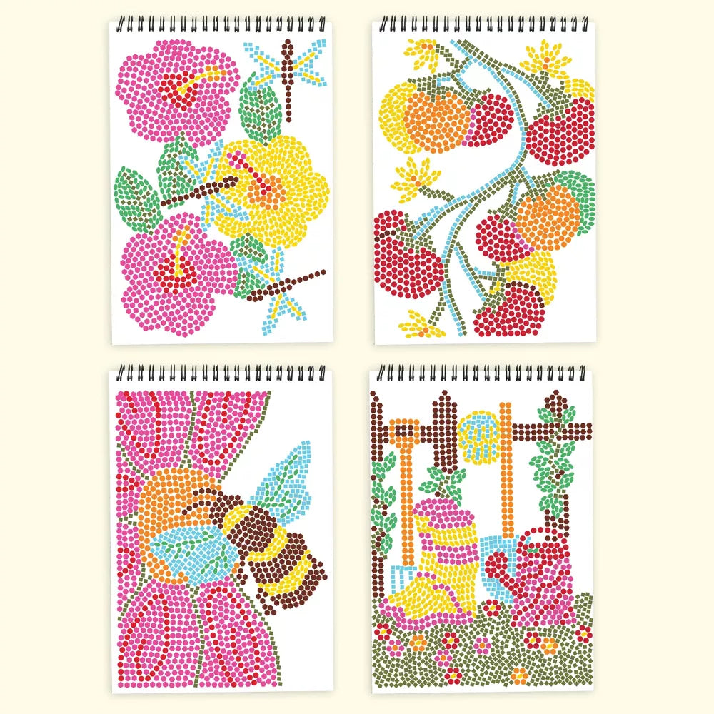 Four colorful dot-mosaic notepads with floral and nature-themed designs on a white background.