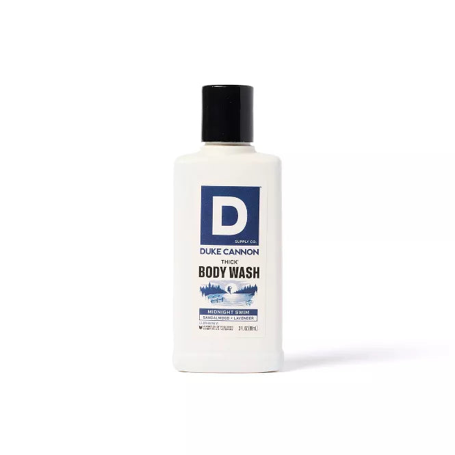 Bottle of Duke Cannon body wash on a white background