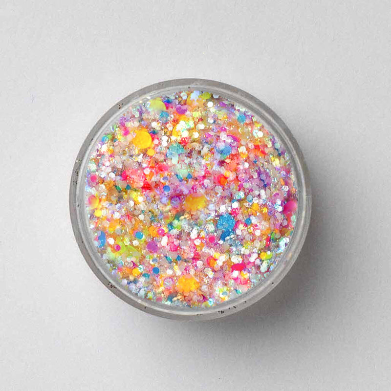 top view of open jar of galexie glister Pom Pom Parade cosmetic glitter gel.
