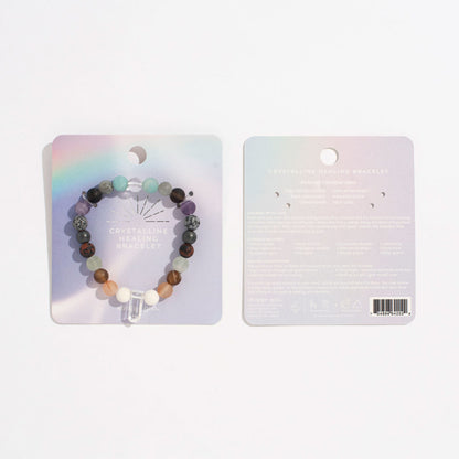 beaded bracelet with crystal on its card packaging and the reverse side of the card packaging.