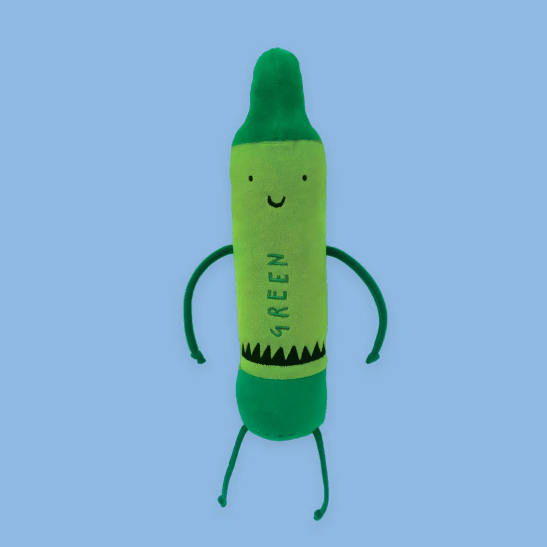 green crayon doll showing on a blue background.