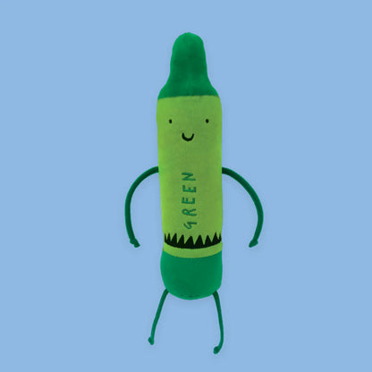 green crayon doll showing on a blue background.