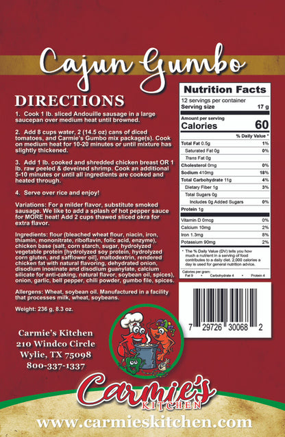 Cajun Gumbo package with directions, nutrition facts, and Carmie's Kitchen branding. Call 501-327-2182 for more information