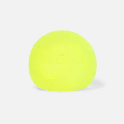 A bright yellow stress ball designed to be squeezed or used as a fidget toy.