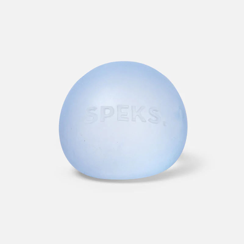 A light blue stress ball with the brand name 'SPEKS' embossed on it.