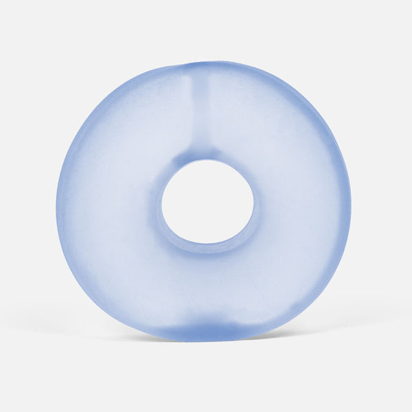 Blue translucent donut-shaped stress ball on a white background