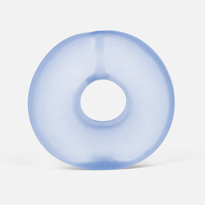 Blue translucent donut-shaped stress ball on a white background