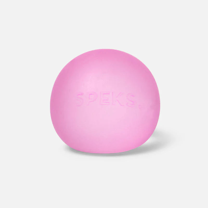 Pink spec memory gel stress ball on a white background