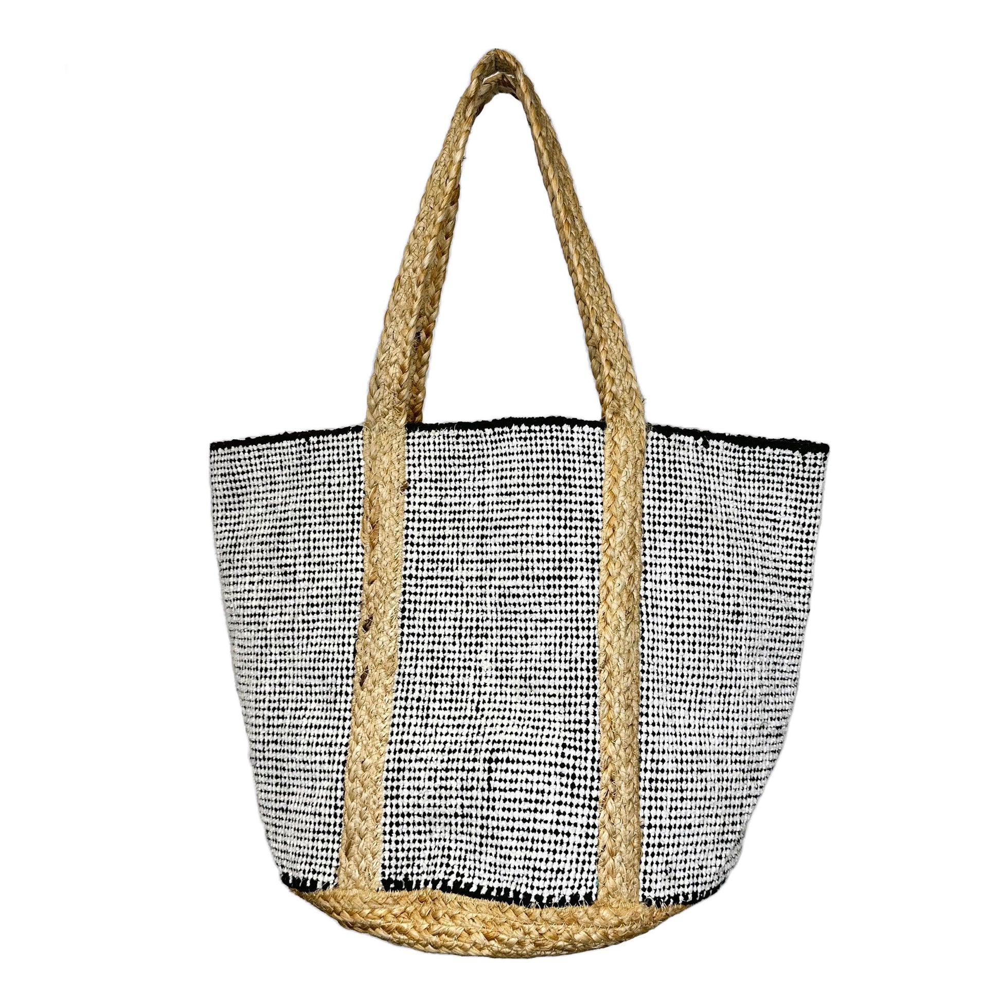 black and white cotton tote with jute base and handles.