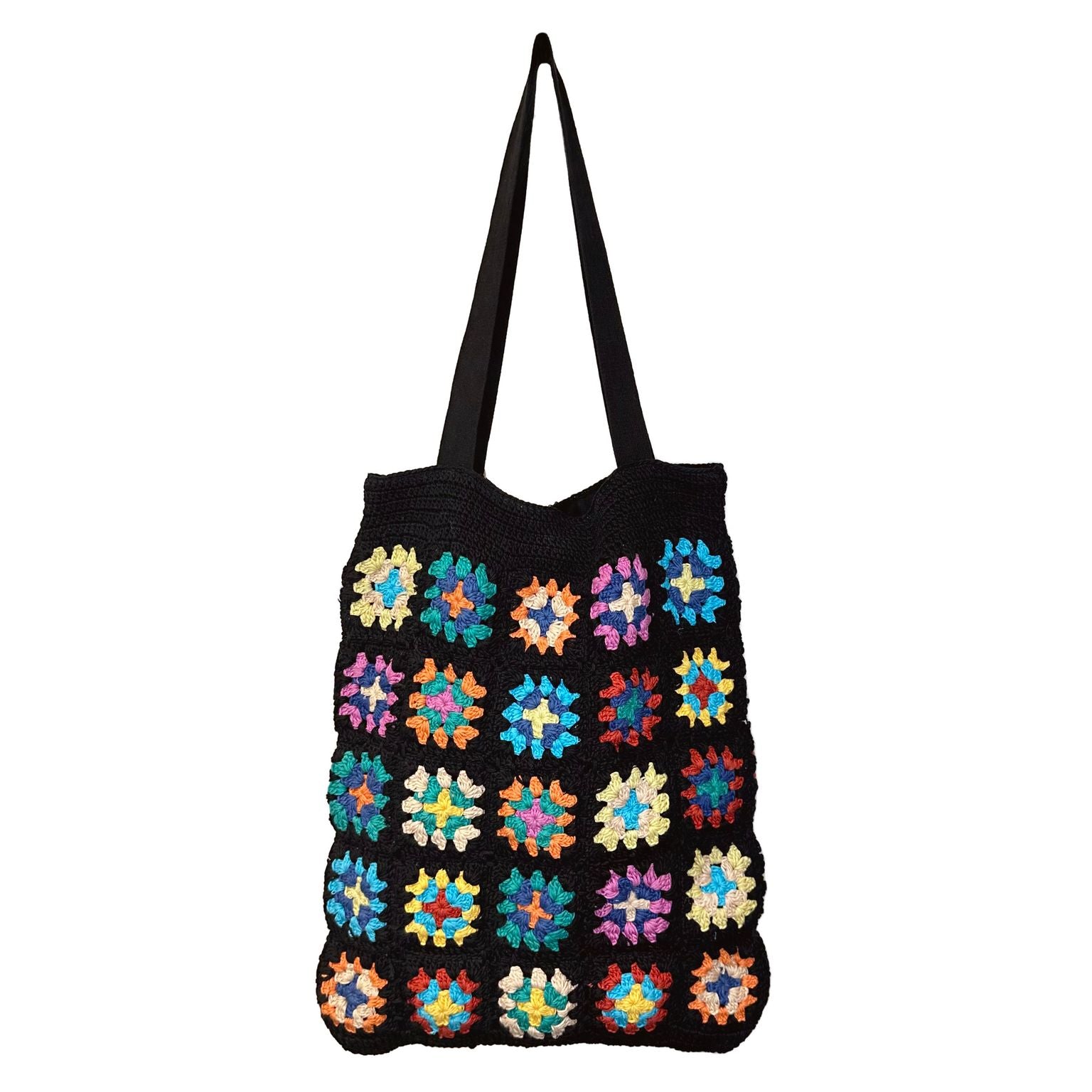 black crochet bag with colorful granny squares.