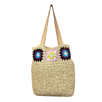 natural jute crochet bag with colorful top boarder.