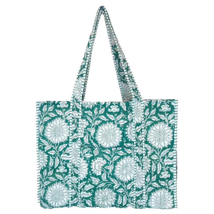 Floral patterned green tote bag shown on a white background