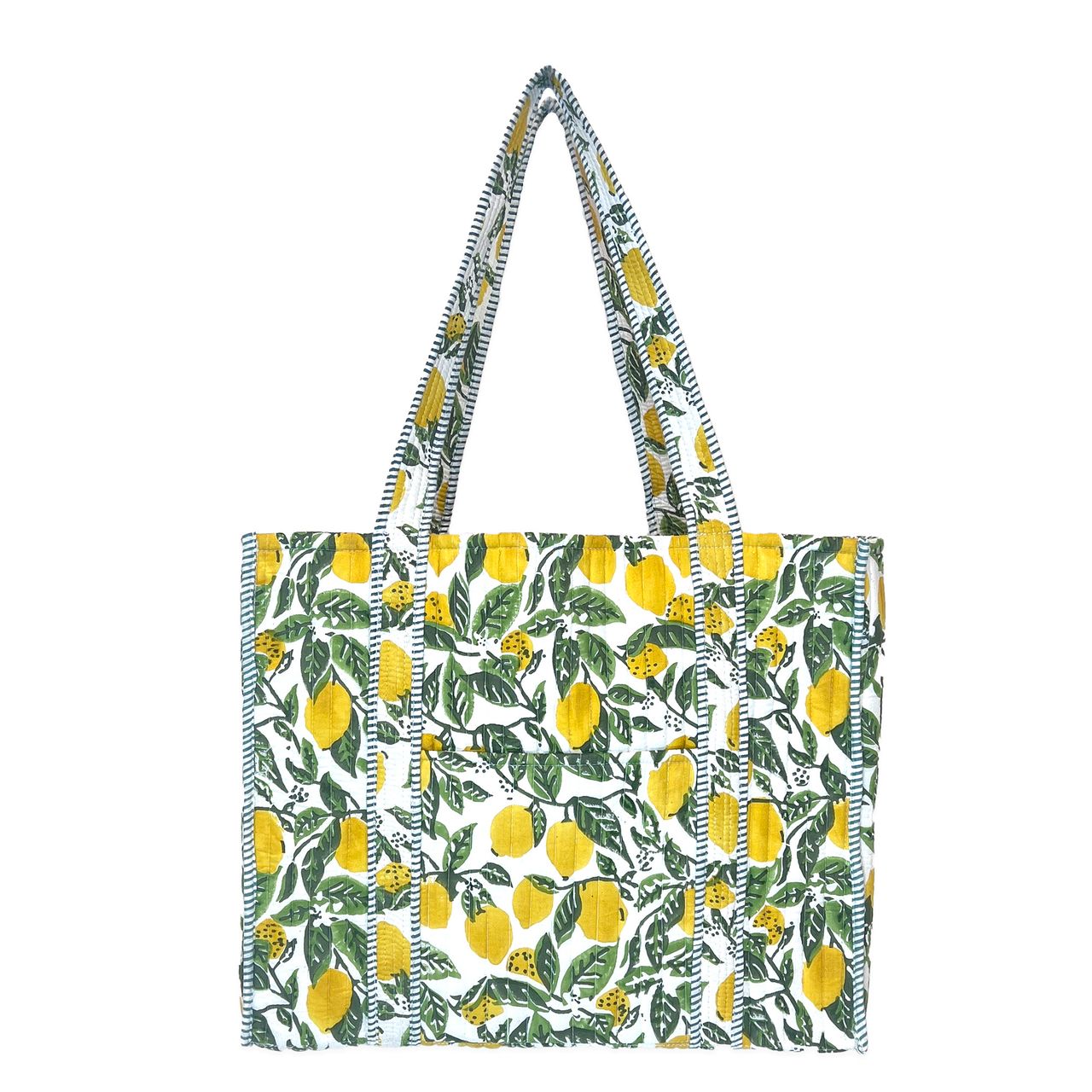 quilted Tote bag with lemon pattern shown on a white background