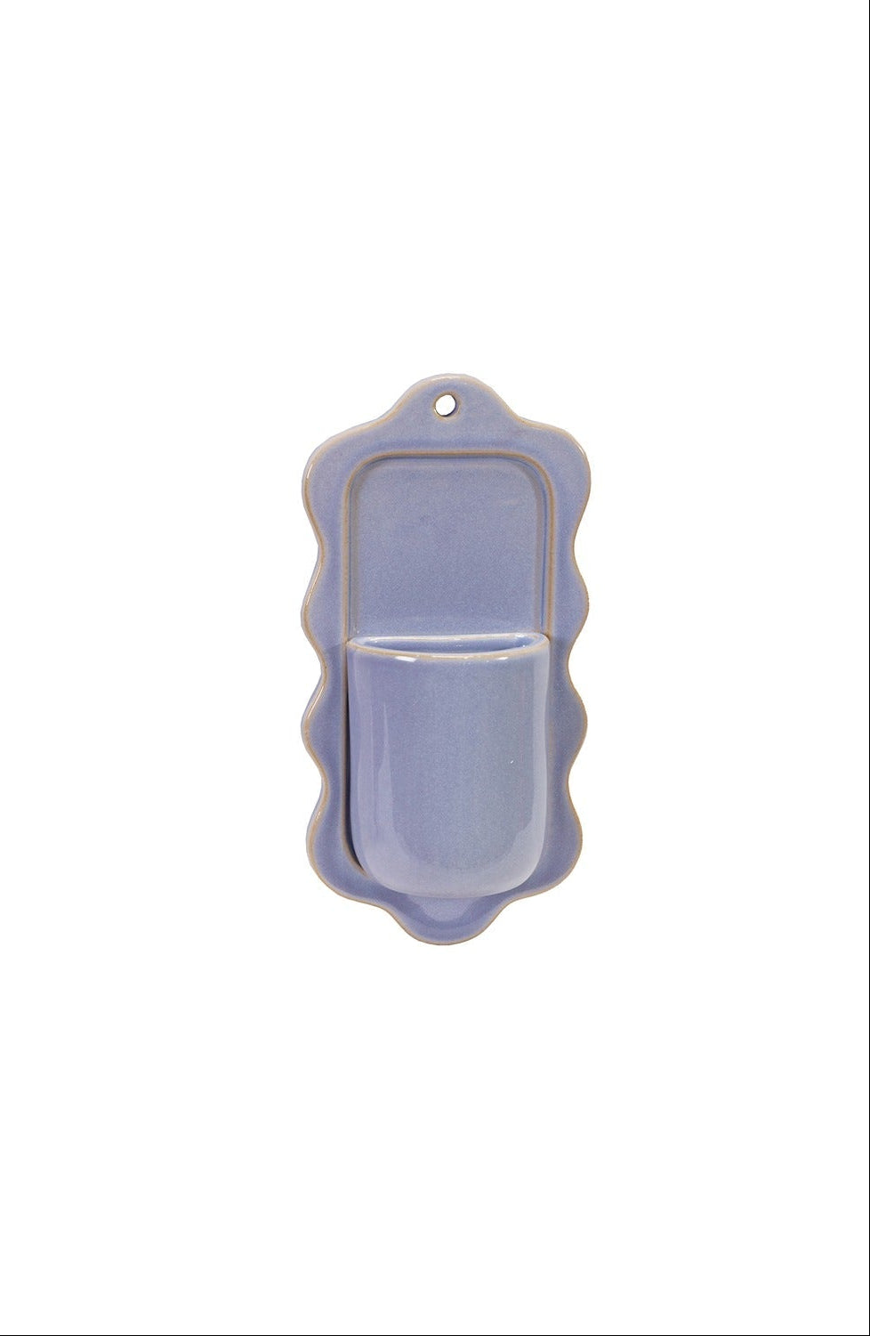 light blue stoneware wall pocket with scalloped edges