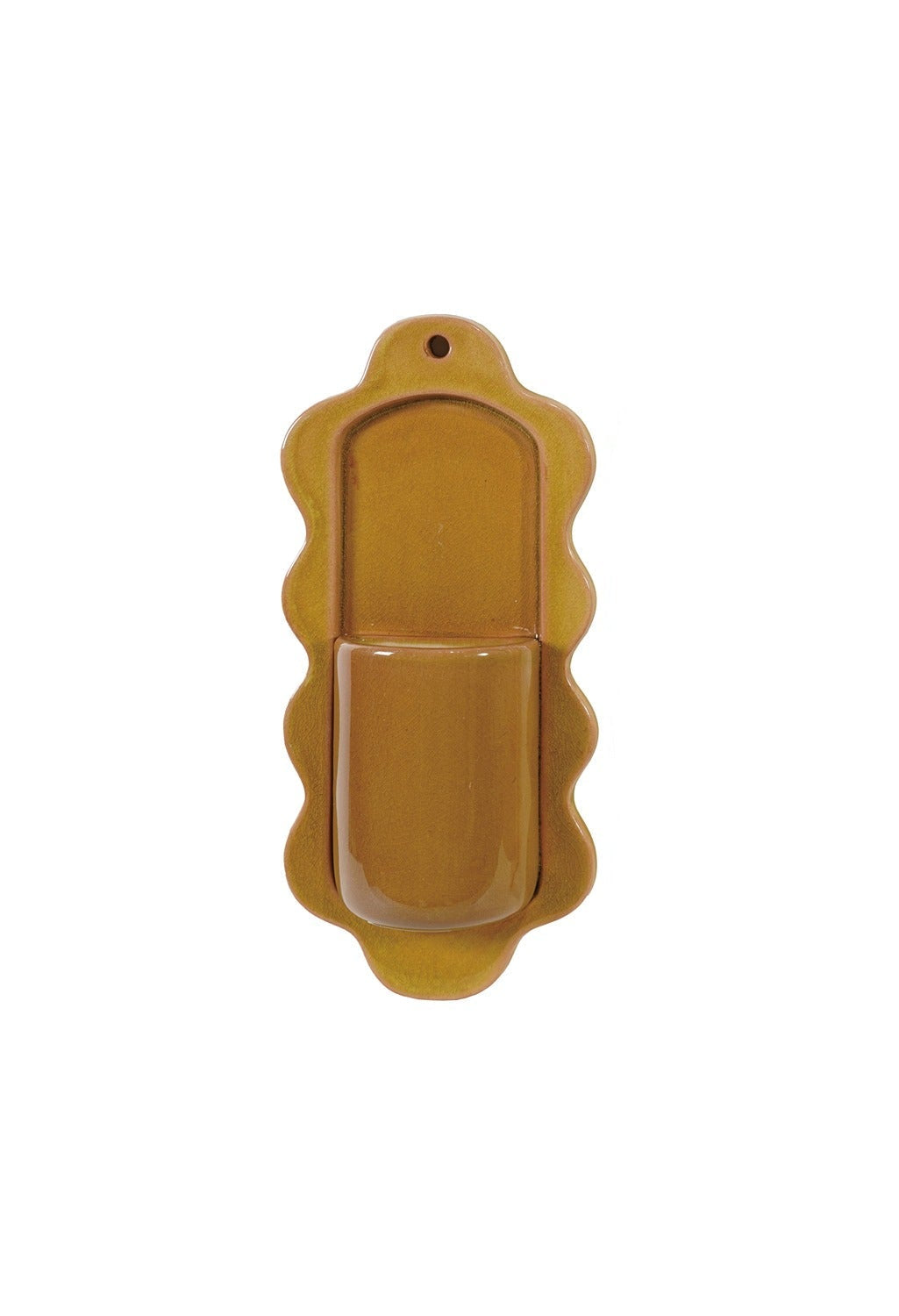 mustard yellow ceramic wall pocket shown on a white background