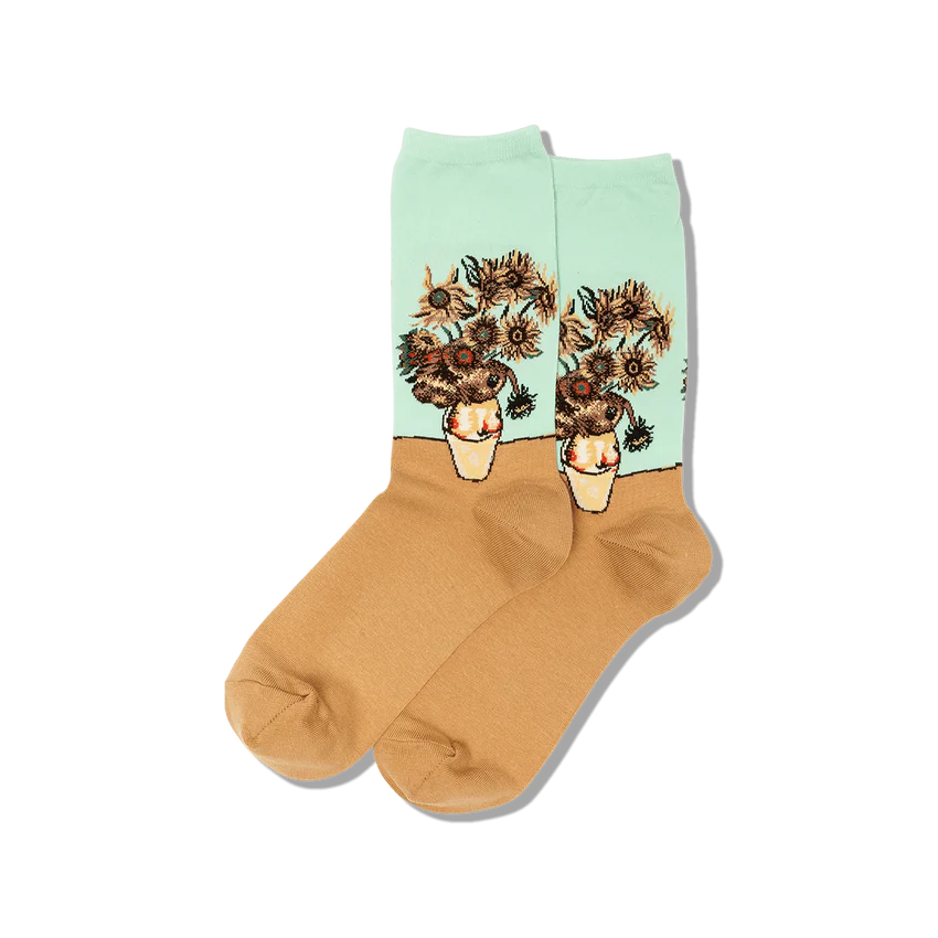 pair of socks with van Gogh style sunflowers on them.