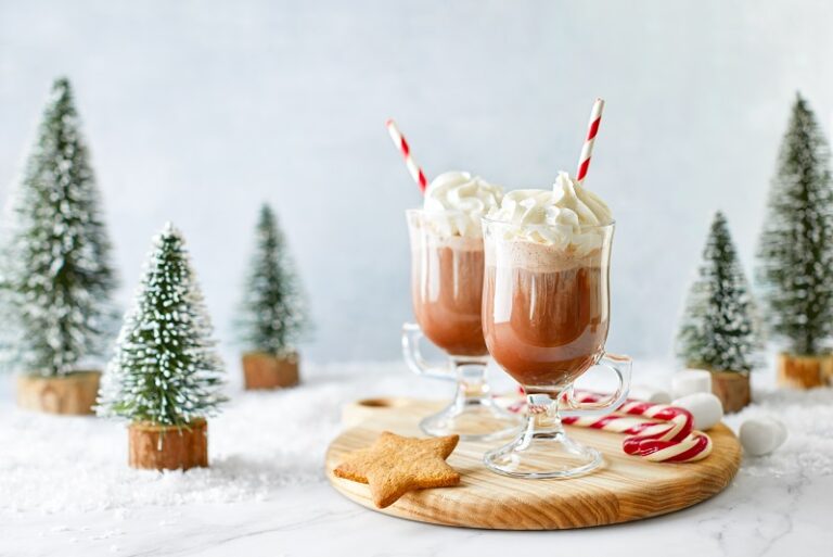 2 glass mugs of hot chocolate set on a table with artificial trees, marshmallow, and cookies.