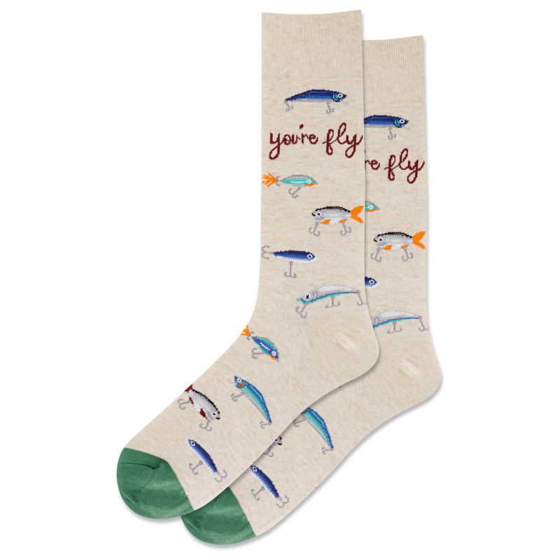 men's you're fly crew socks are oatmeal with a green toe and fishing lures all over and displayed against a white background