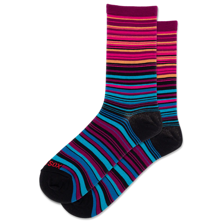 pair of striped women's socks with black, purple, blue, and pink stripes.