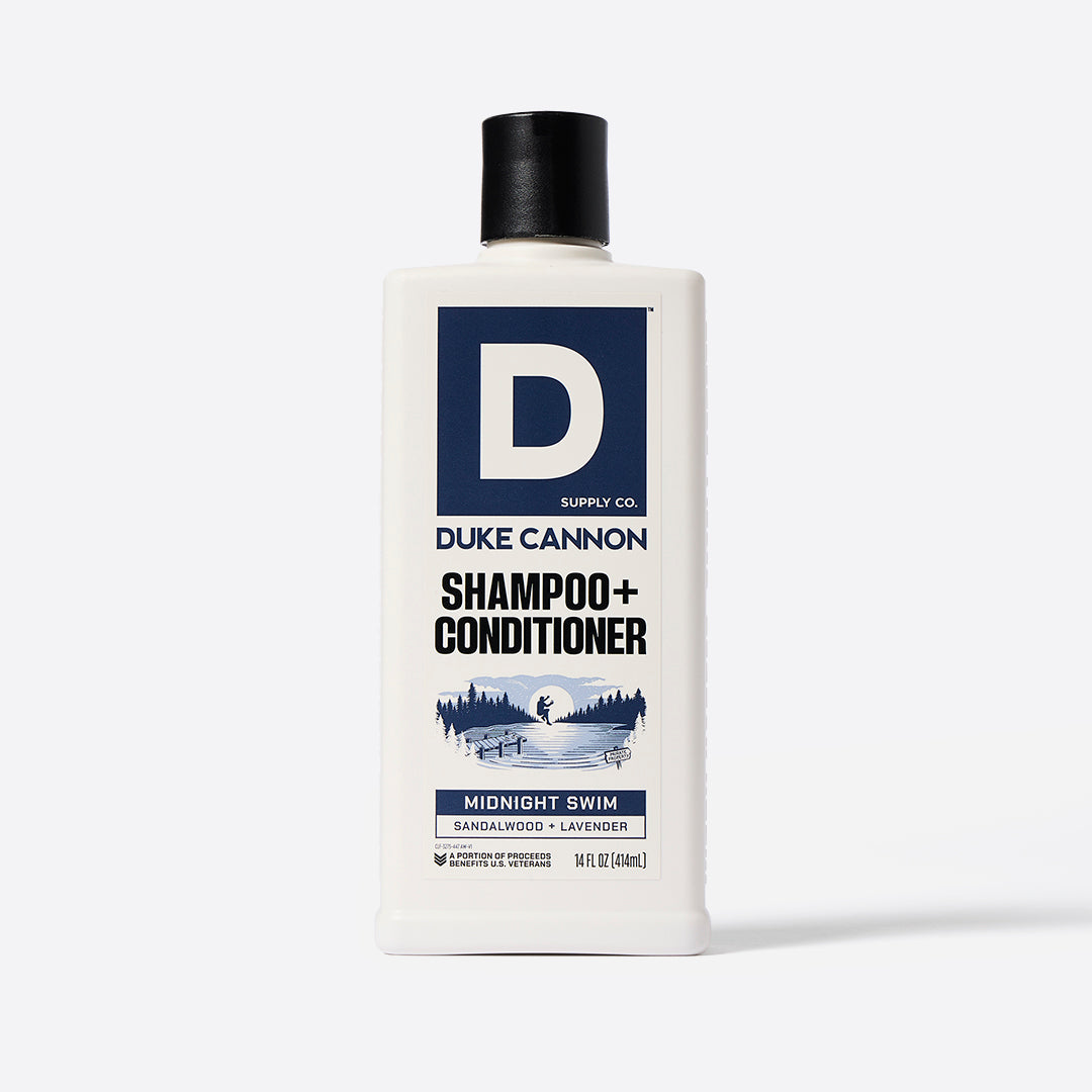 front side view of a bottle of midnight swim shampoo+ conditioner on a white background 