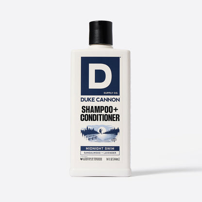 front side view of a bottle of midnight swim shampoo+ conditioner on a white background 