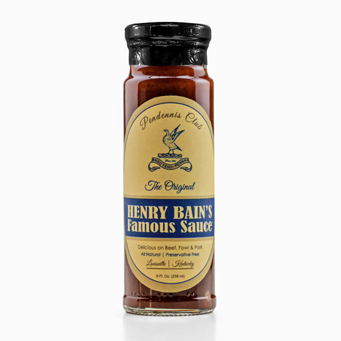 large jar of Henry Bain's Pendennis Club Sauce on a white background.
