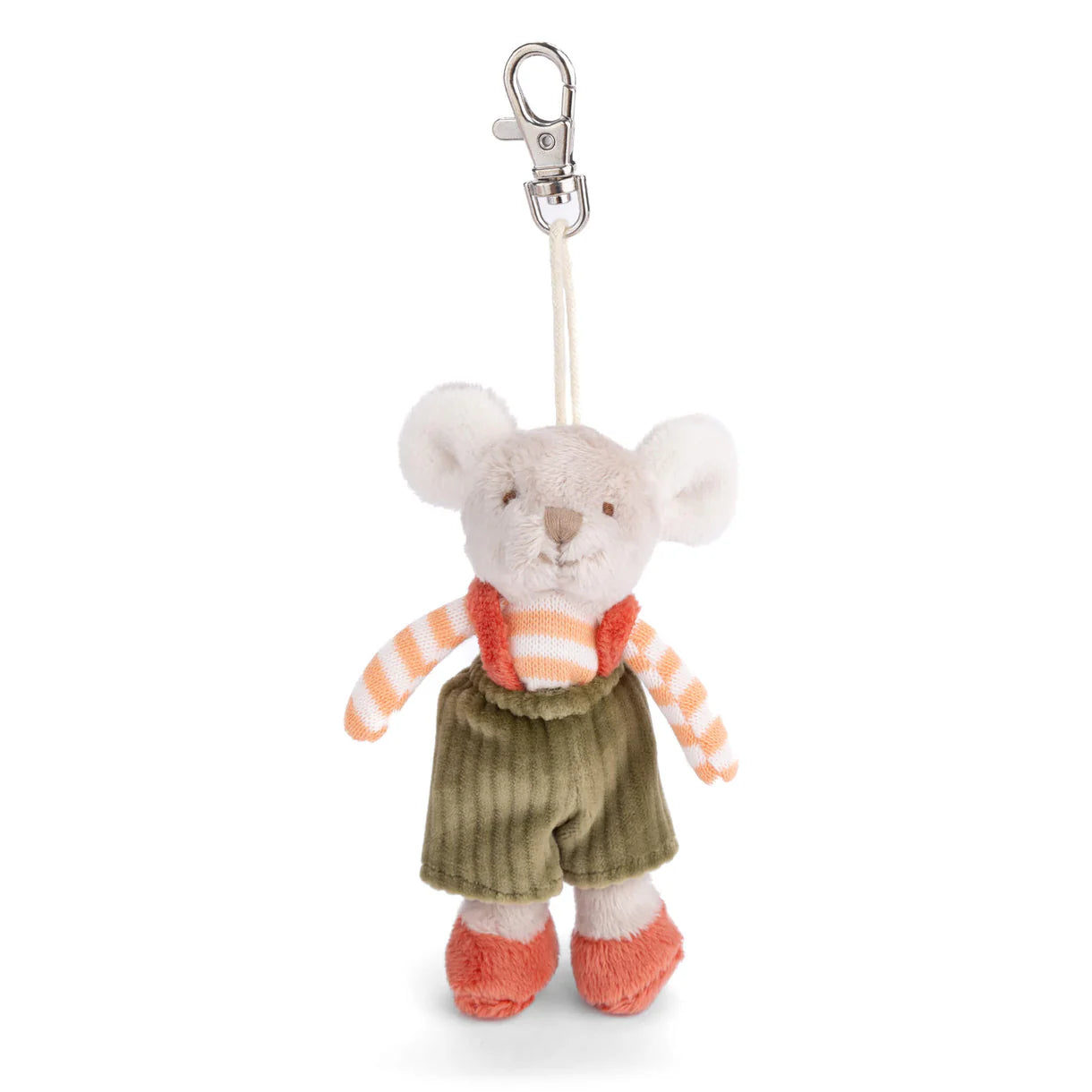 plush mouse bag charm with a striped shirt and green pants, attached to a keychain on a white background