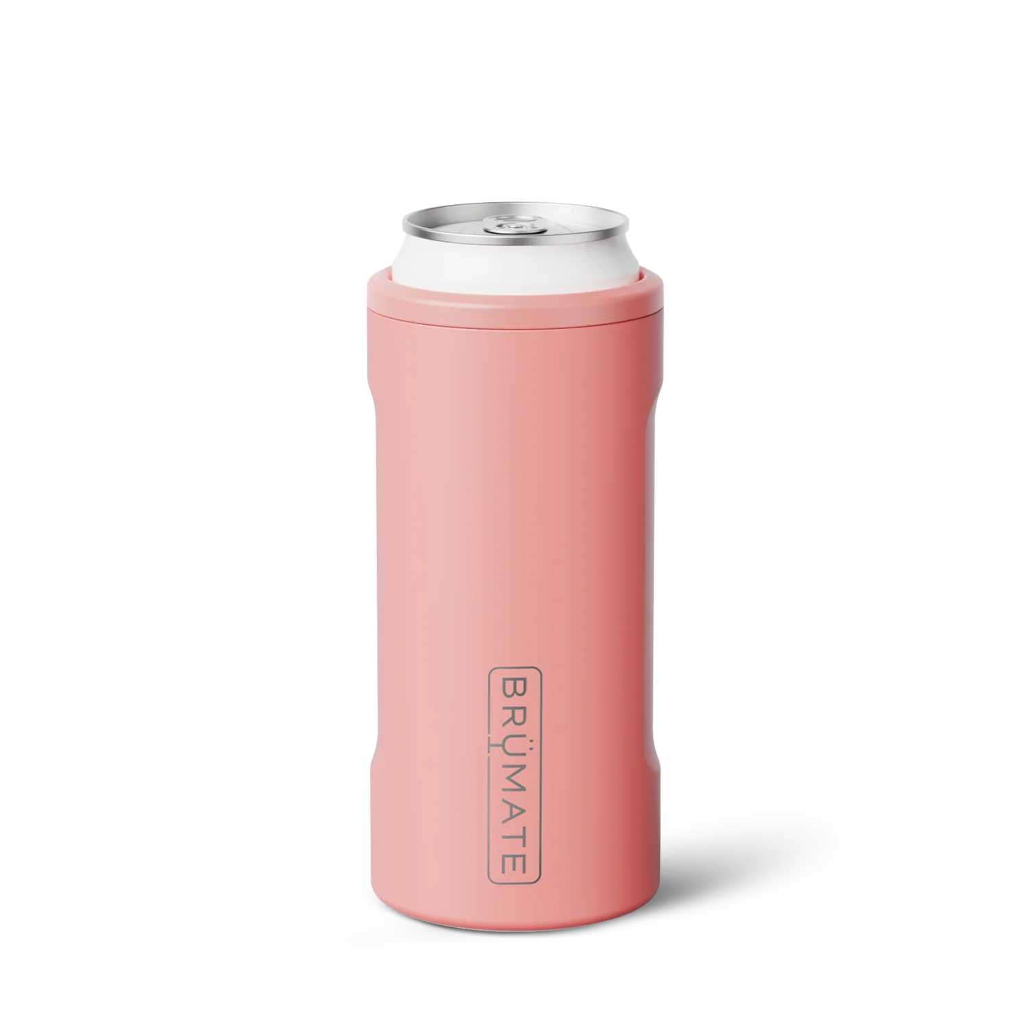 coral pink slim can cooler shown on a white background
