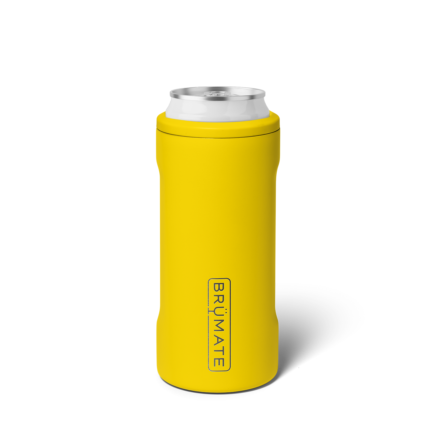 Yellow slim can cooler shown on a white background