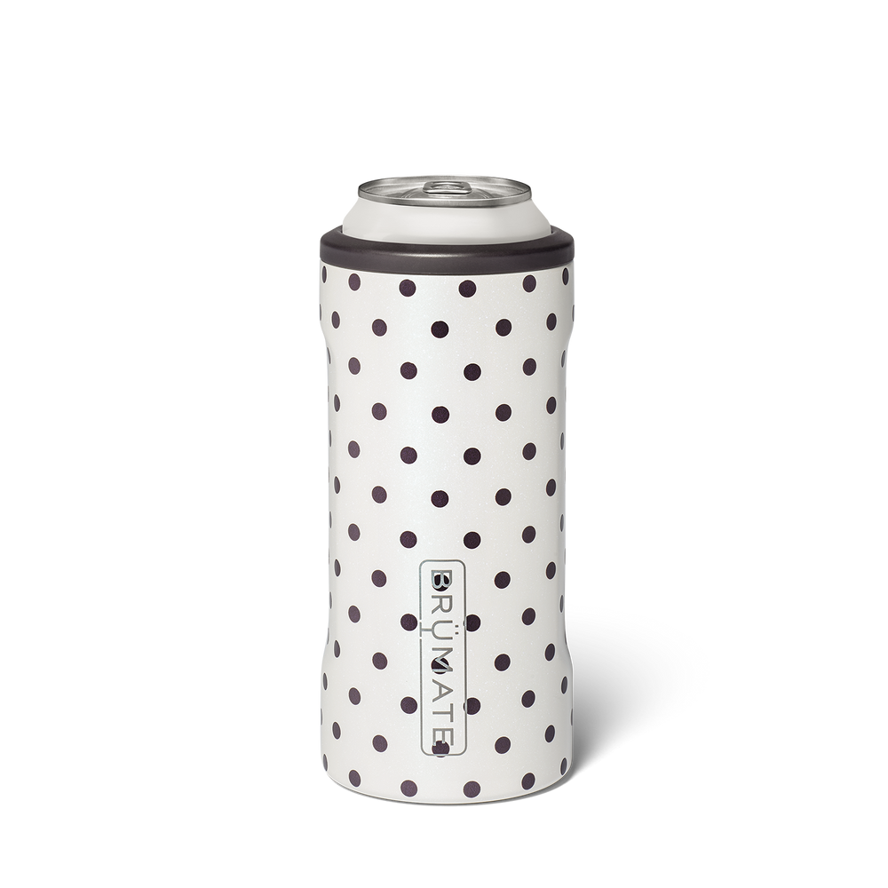 A white can cooler sleeve with a black polka dot pattern, holding a silver aluminum can, on a clean white background.