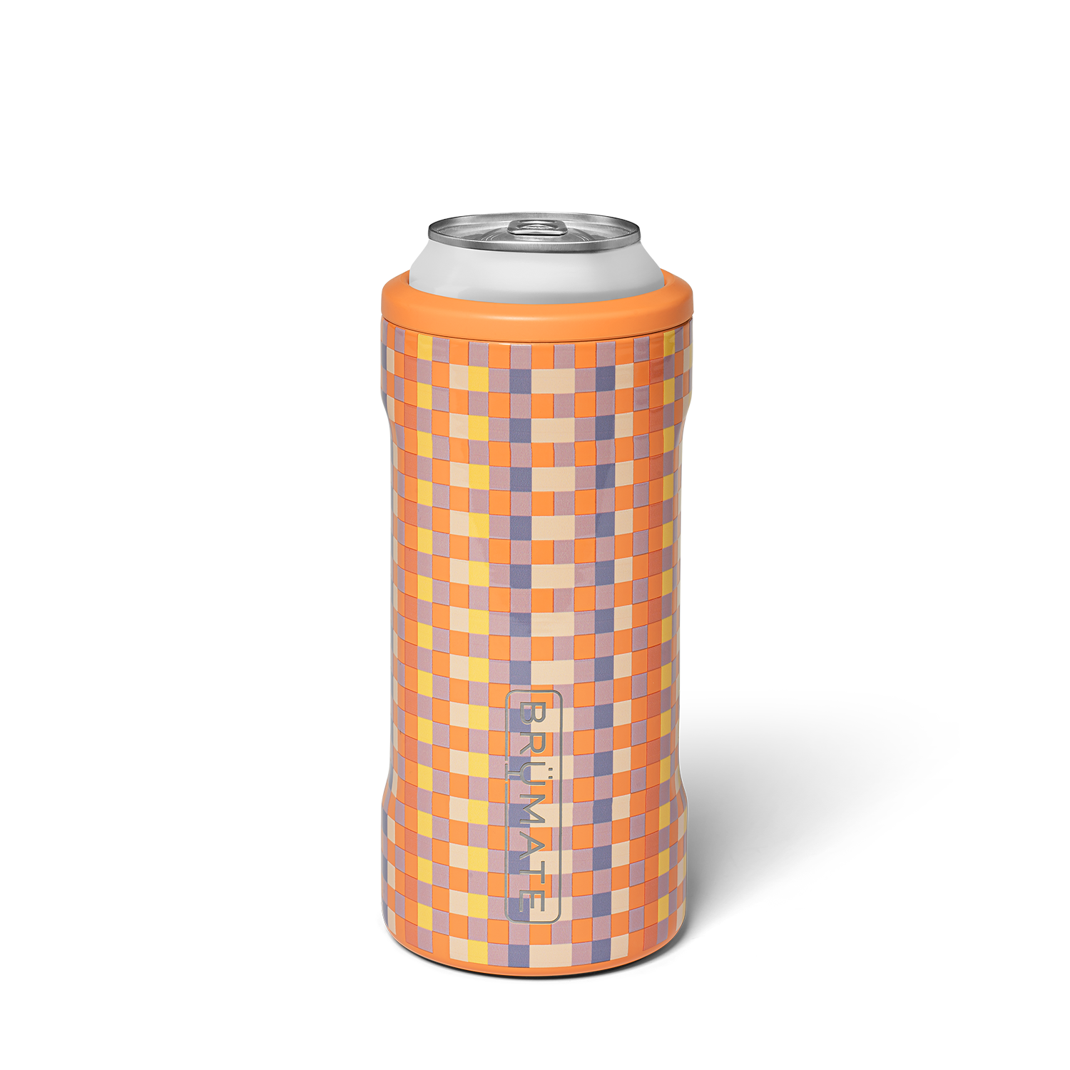 orange, purple, and yellow check patterned slim can cooler shown on a white background