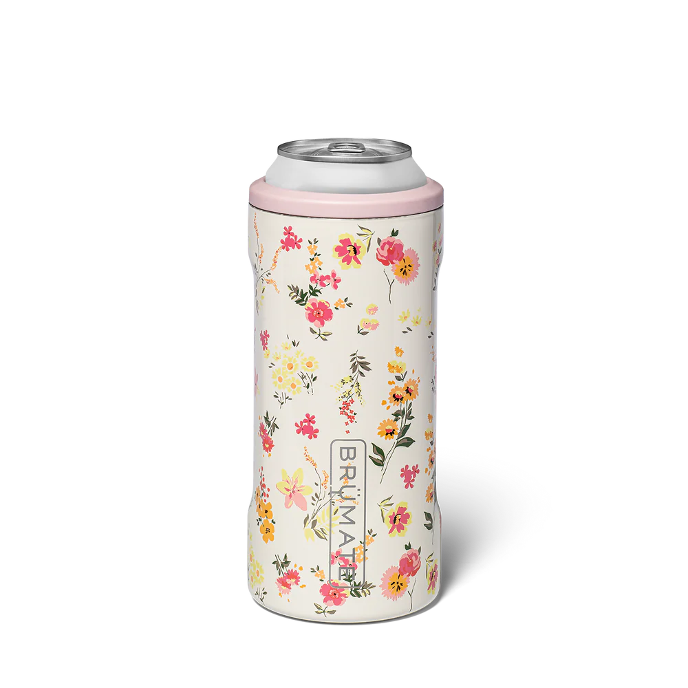 cream colored slim can cooler covered with a pink and yellow floral design