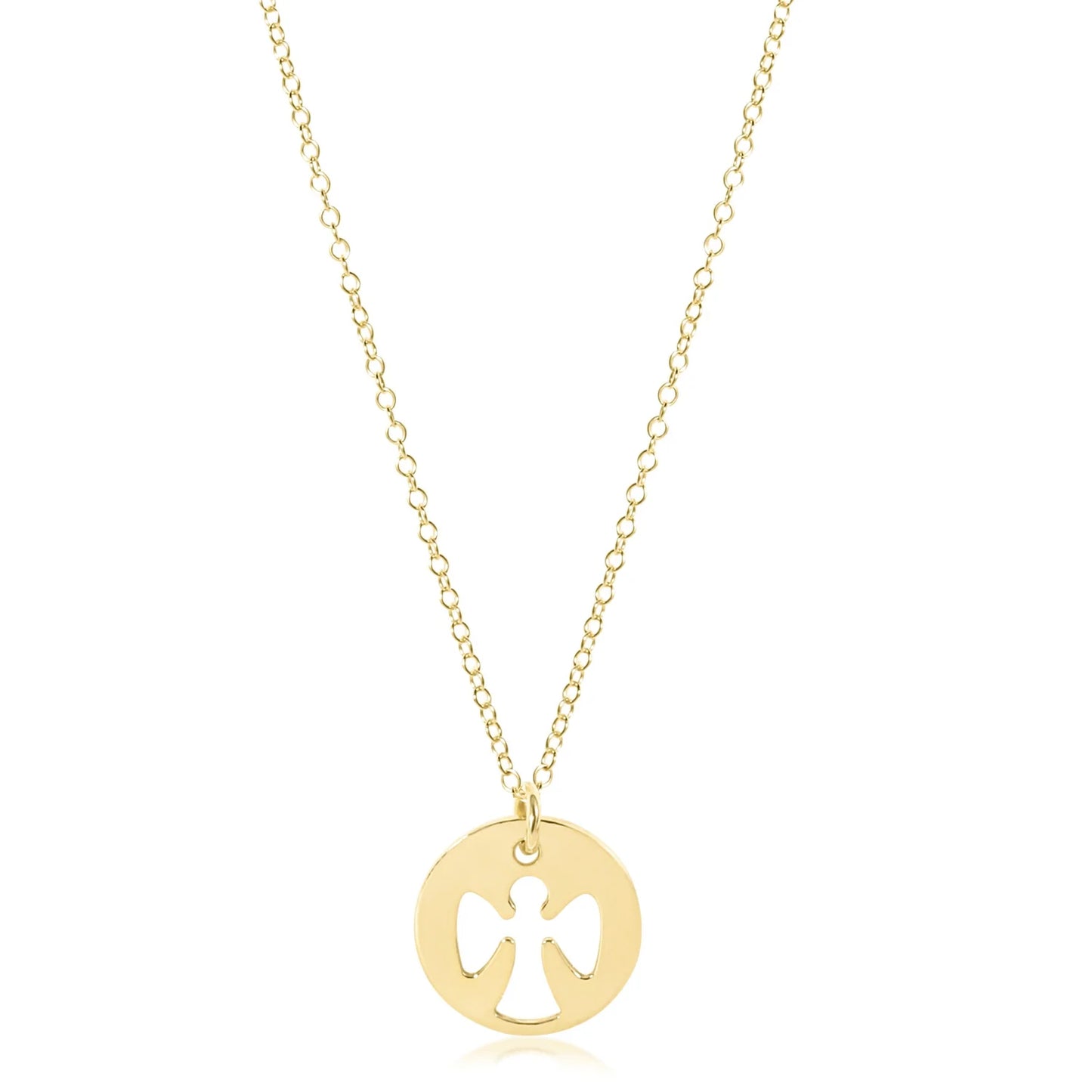 gold disc necklace with guardian angle cut out on a gold chain
