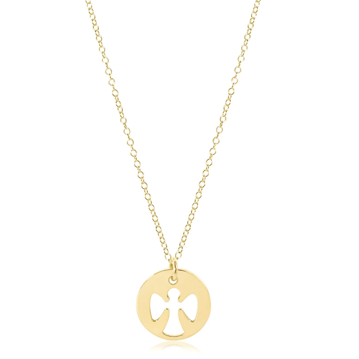 gold disc necklace with guardian angle cut out on a gold chain