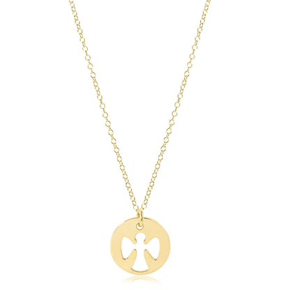 gold disc necklace with guardian angle cut out on a gold chain