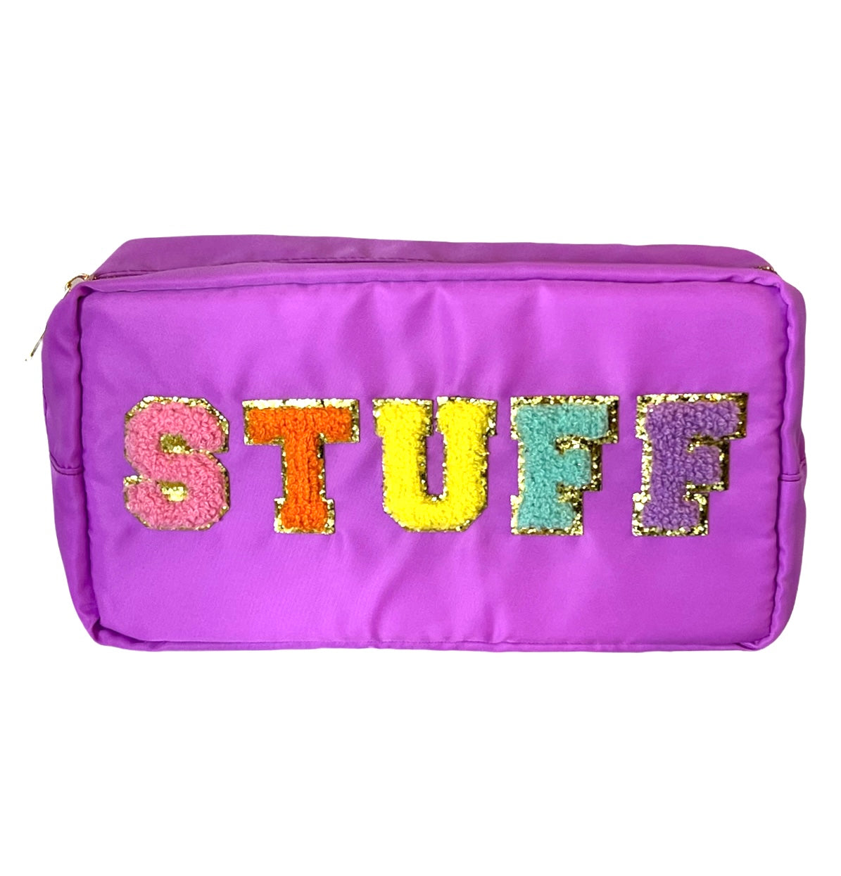 purple nylon zipper bag with "stuff" stitched on in colorful chenille patches.