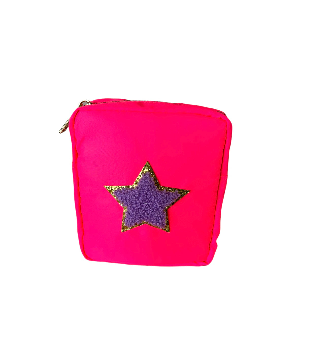 hot pink nylon zipper bag with purple star patch.
