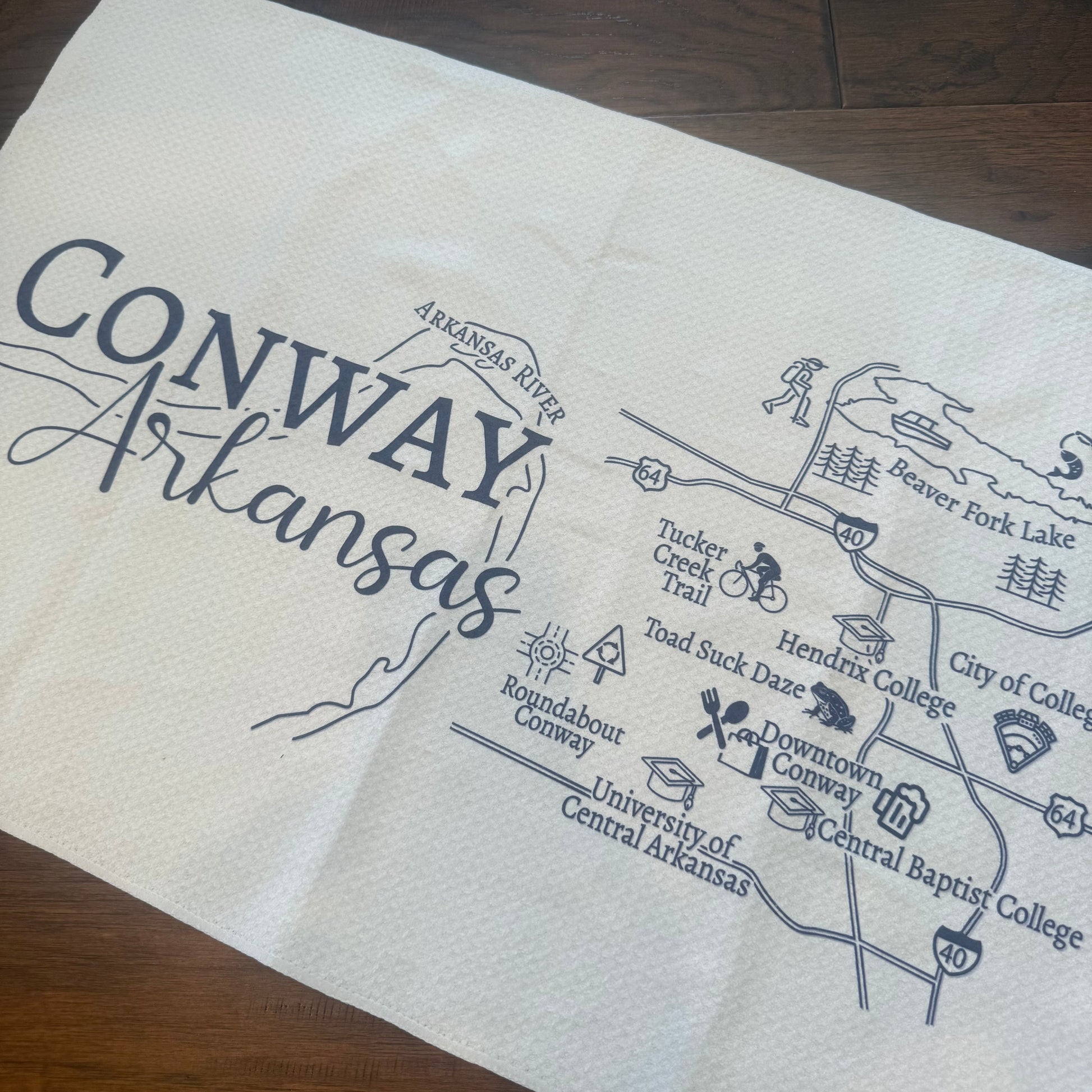 towel printed with Map of Conway, Arkansas 