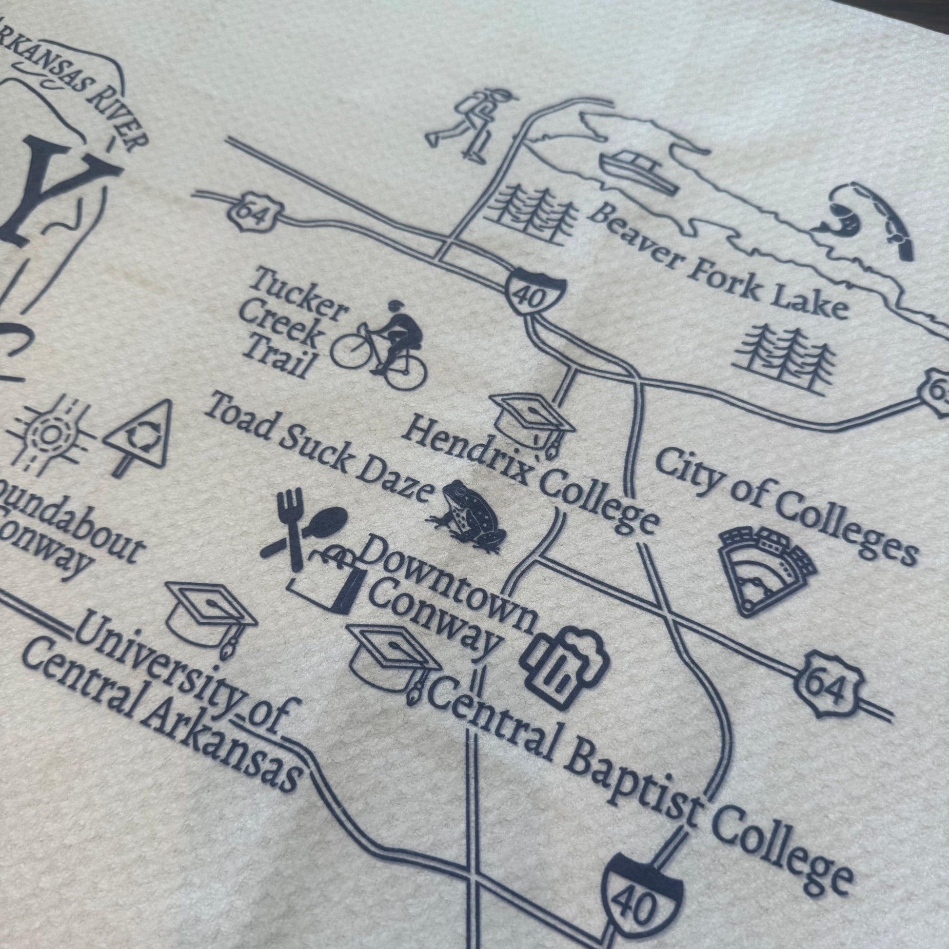 close-up of towel printed with Map of Conway, Arkansas