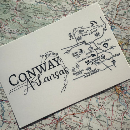 postcard with Map of Conway, Arkansas with a stylized illustration shown on a vintage map background