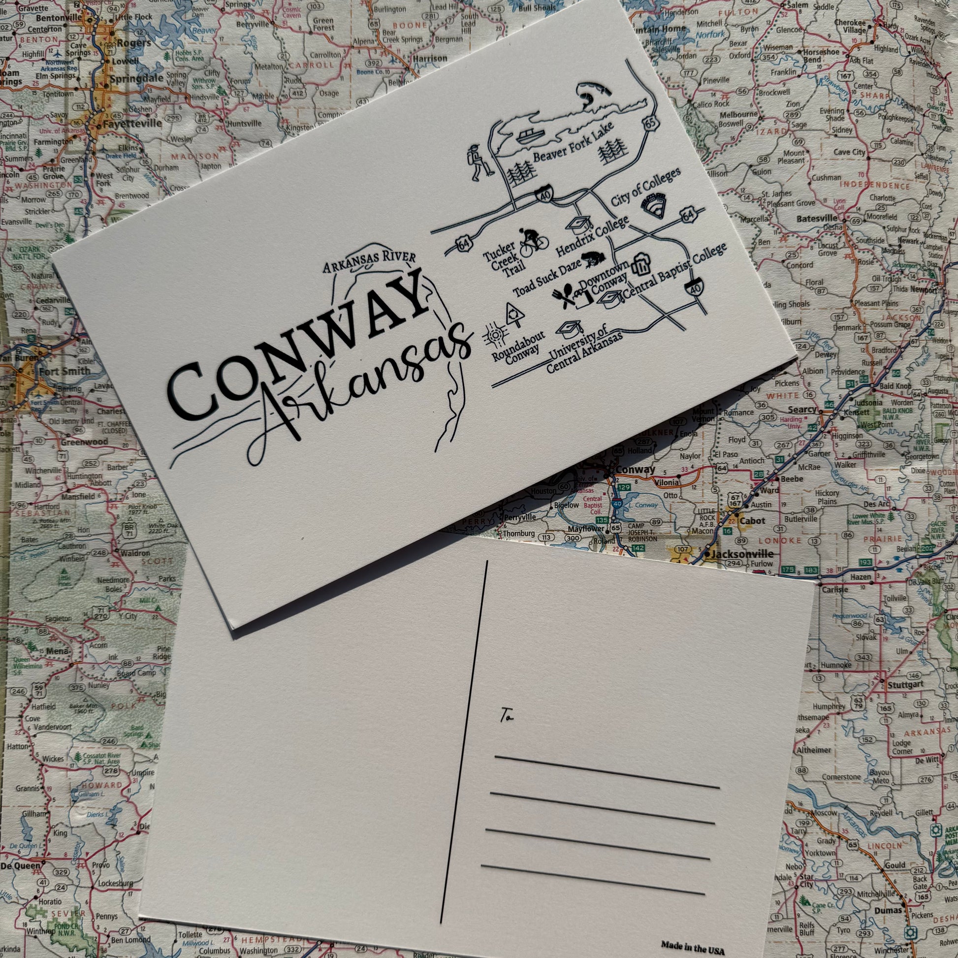 both sides of Postcard with 'Conway Arkansas' design shown on a map background
