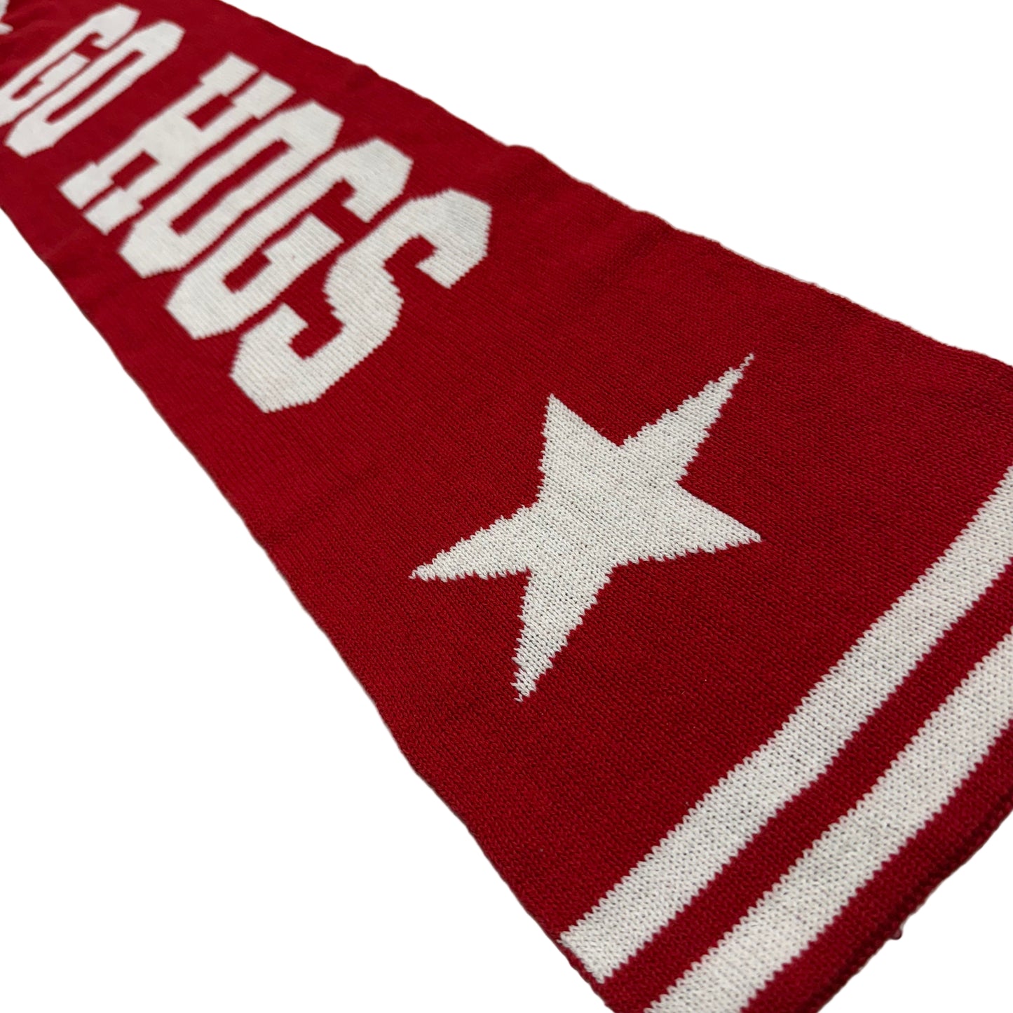 Red and white scarf with 'GO HOGS' text and star design laying  on a white background