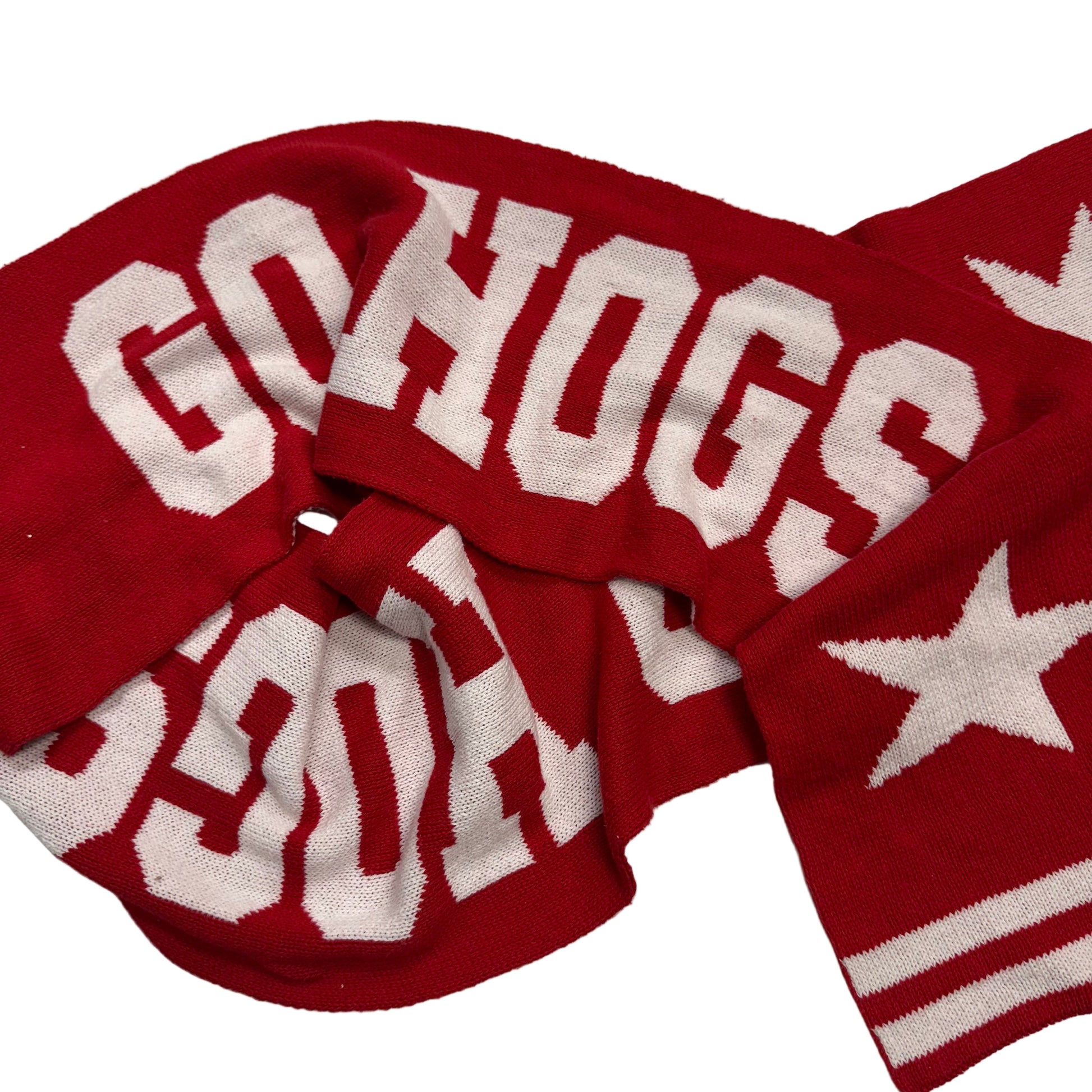 Red and white 'GO HOGS' scarf with star design draped  on a white background