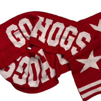 Red and white 'GO HOGS' scarf with star design draped  on a white background
