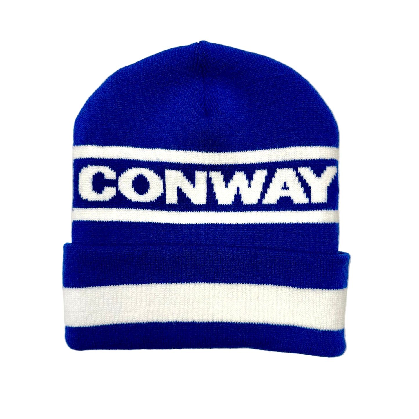Blue beanie with white stripes and  'CONWAY' logo on a white background