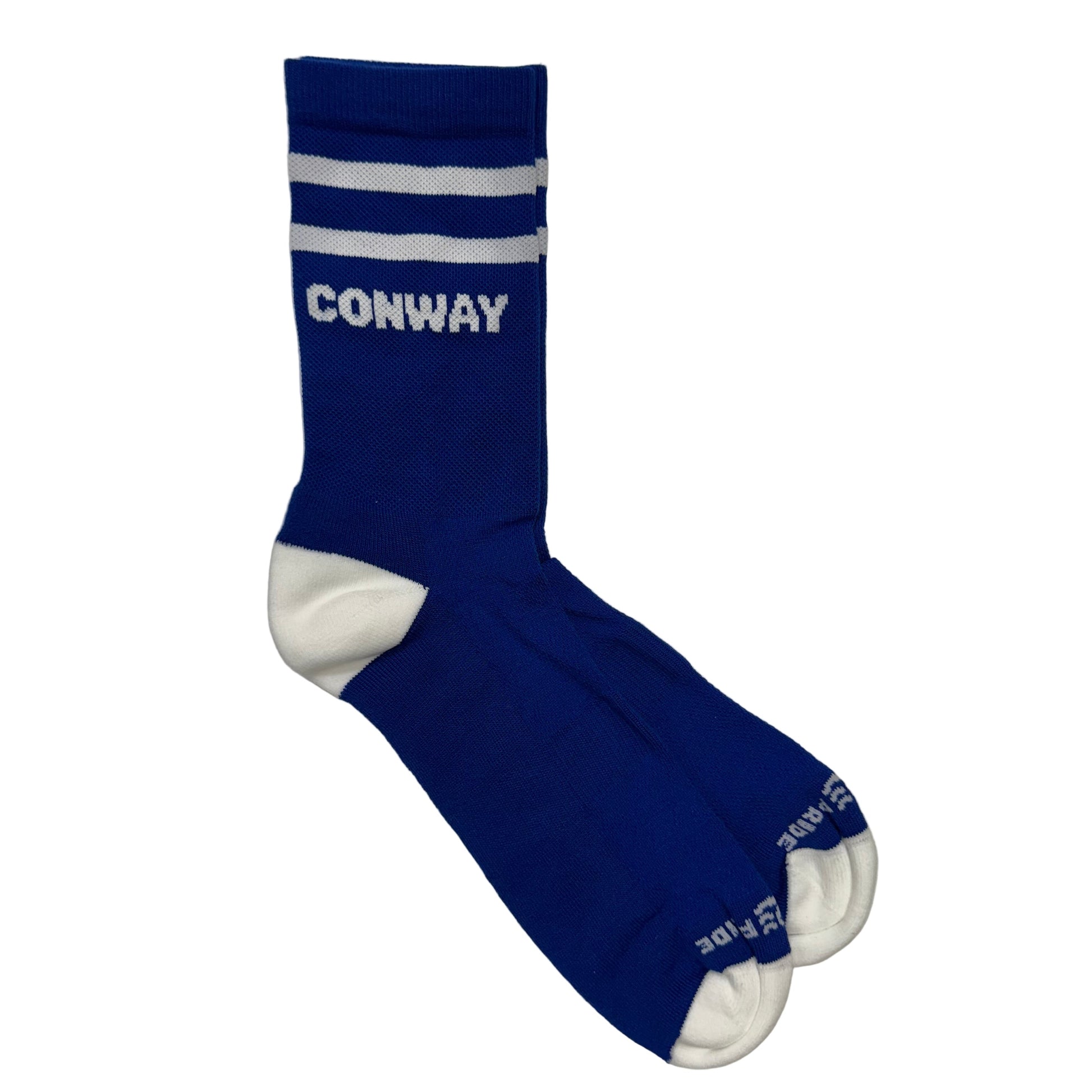 Blue sock with white stripes and 'CONWAY' on it on a white surface