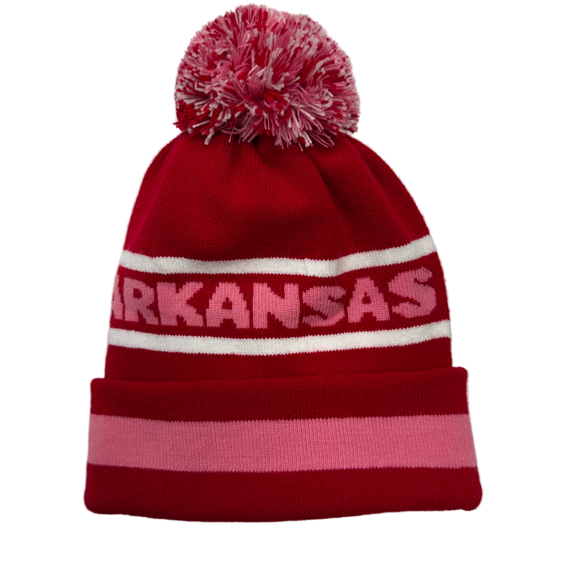 Red  beanie with pink and white stripes,  'ARKANSAS' text in pink, and pom on top laying on a white background