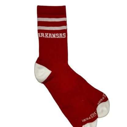 Red sock with 'ARKANSAS' text on a white background 
