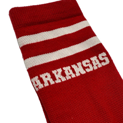 close-up Red knitted sock with 'ARKANSAS' text on a white background