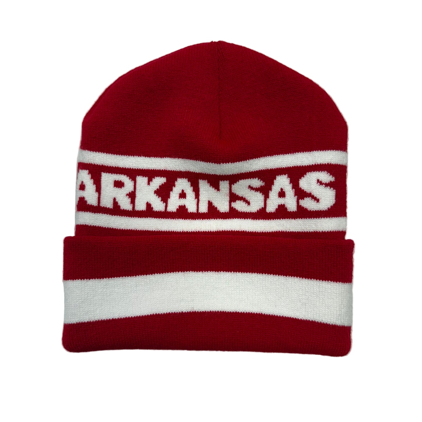 Red and white beanie with 'ARKANSAS' text on a white background